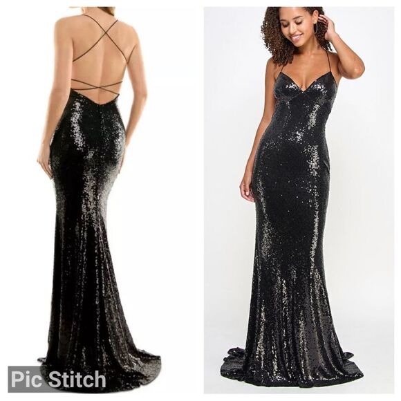 B. Darlin Black Sequin Open Strappy Back Long Gown - Picture 1 of 12